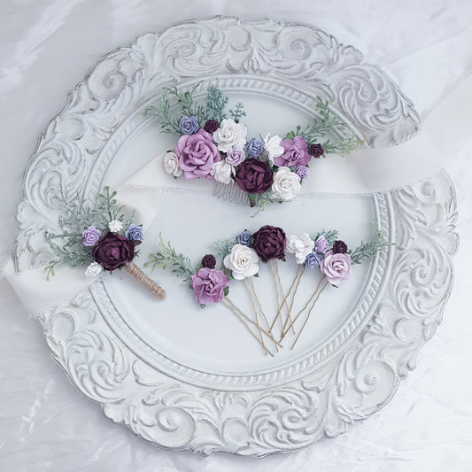 Wedding Hair Accessories, Purple Flower Hair Comb, Bridal Hair Pins, Lilac Hair Piece, Bridesmaid Hair Clip, Floral Boutonniere