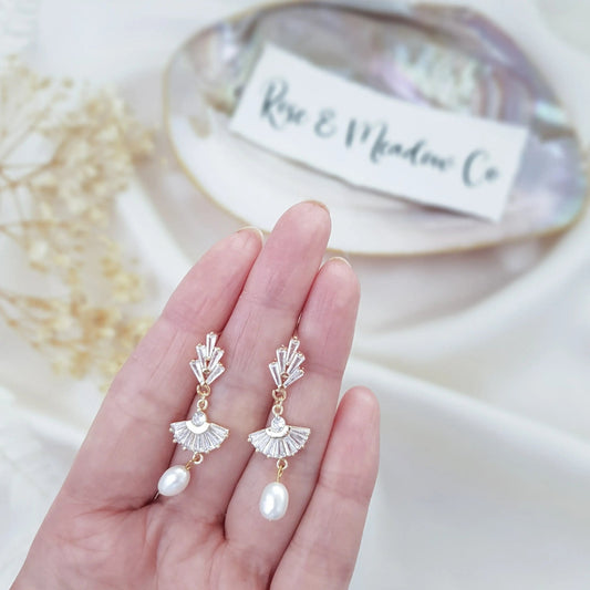 Pearl Drop Earrings, Bridal Earrings, Art Deco Earrings, Gold Pearl Earrings, Wedding Earrings, Bridesmaid Gift, Freshwater Pearl Earrings - House of Hats