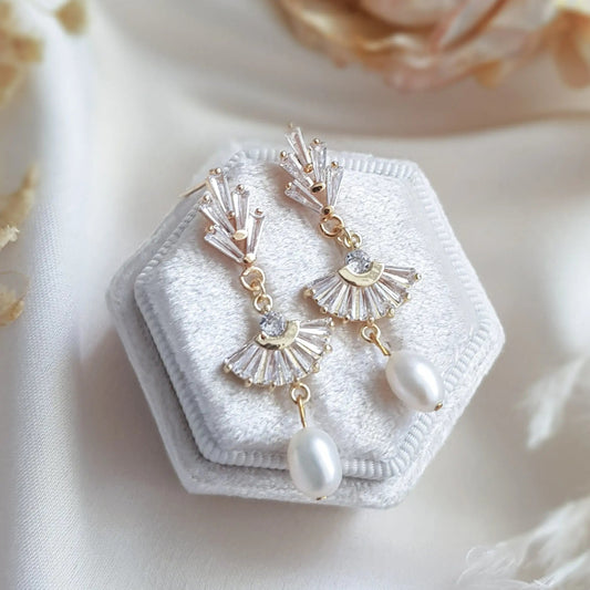 Pearl Drop Earrings, Bridal Earrings, Art Deco Earrings, Gold Pearl Earrings, Wedding Earrings, Bridesmaid Gift, Freshwater Pearl Earrings - House of Hats