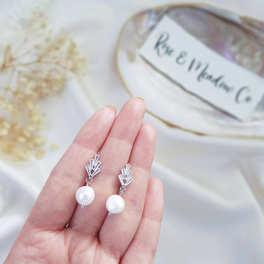Pearl Drop Earrings, Bridal Earrings, Art Deco Earrings, Silver Freshwater Pearl Earrings, Wedding Earrings, Bridesmaid Gift, Bridal Jewelry - House of Hats