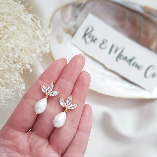 Pearl Earrings, Vintage Style Earrings, Gold Teardrop Pearl Earrings, Wedding Drop Earrings, Bridesmaid Gift - House of Hats