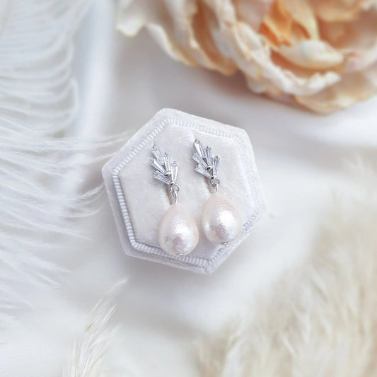 Pearl Earrings, Vintage Style Earrings, Silver Cotton Pearl Earrings, Wedding Drop Earrings, Bridesmaid Gift - House of Hats