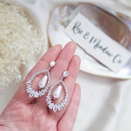 Pearl Earrings, Vintage Style Earrings, Silver Pearl Earrings, Crystal Earrings, Wedding Drop Earrings, Bridesmaid Gift - House of Hats