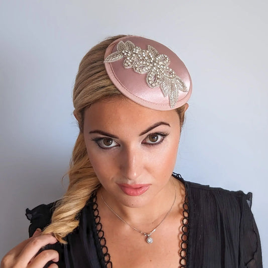 Small wedding fascinator for older ladies — blush pink crystal satin style