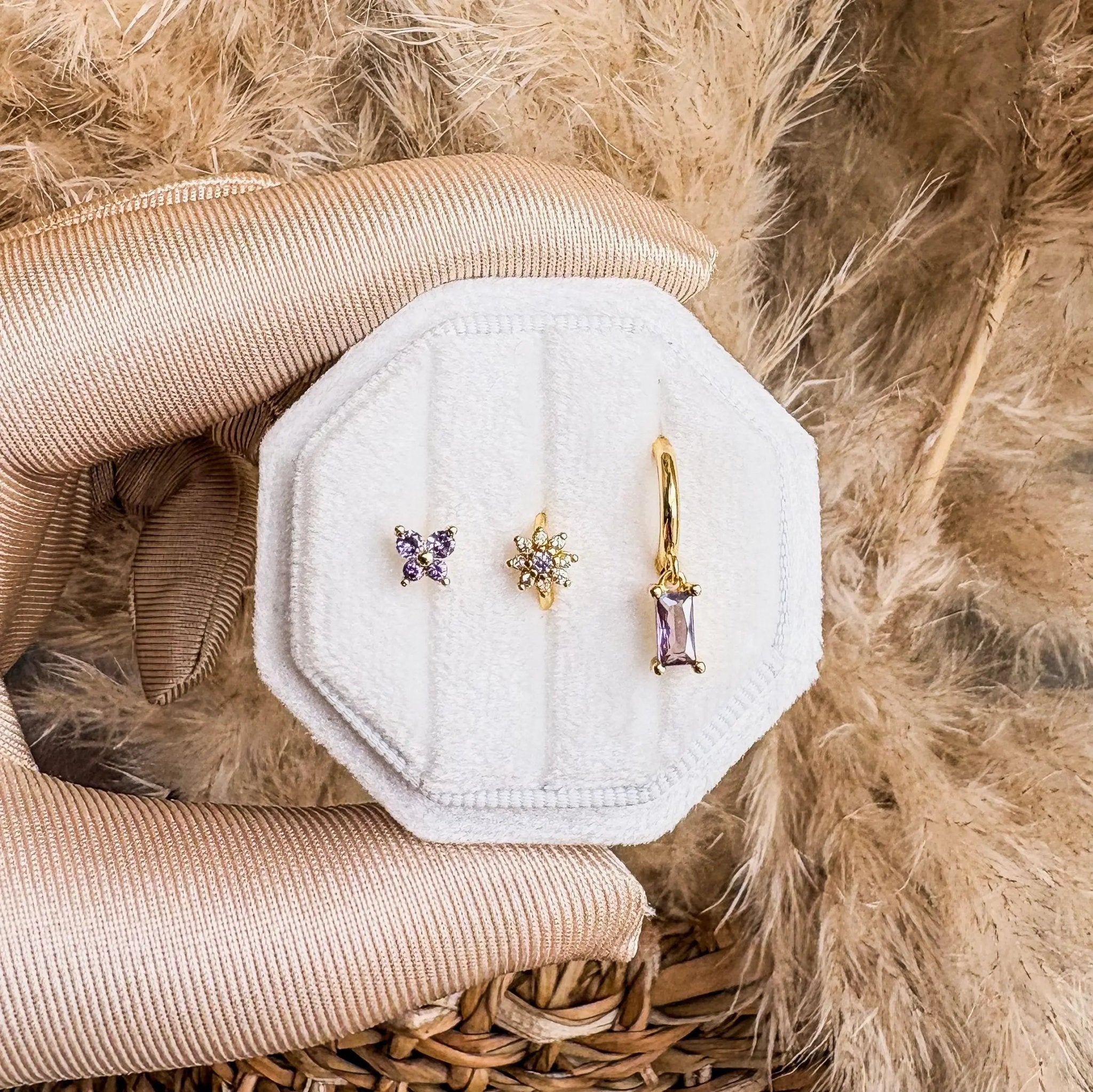 14K Gold Plated Flower Huggie Earrings Set of 3, Green Pink Blue CZ Crystal Stud, Dainty Stacking Earrings, Minimalist Birthday Gift - House of Hats