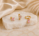 14K Gold Plated Flower Huggie Earrings Set of 3, Green Pink Blue CZ Crystal Stud, Dainty Stacking Earrings, Minimalist Birthday Gift - House of Hats