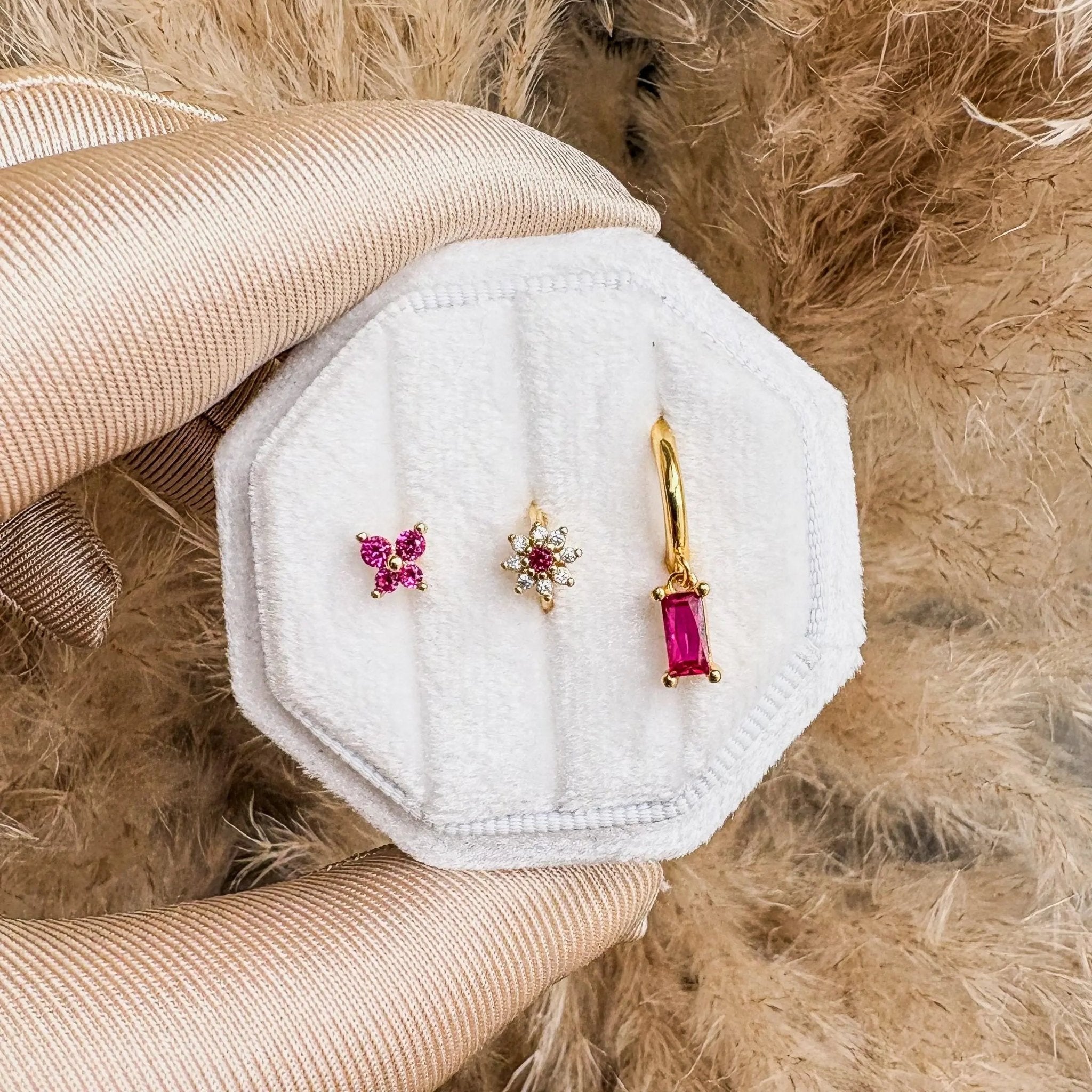 14K Gold Plated Flower Huggie Earrings Set of 3, Green Pink Blue CZ Crystal Stud, Dainty Stacking Earrings, Minimalist Birthday Gift - House of Hats