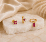 14K Gold Plated Flower Huggie Earrings Set of 3, Green Pink Blue CZ Crystal Stud, Dainty Stacking Earrings, Minimalist Birthday Gift - House of Hats