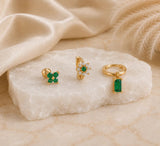 14K Gold Plated Flower Huggie Earrings Set of 3, Green Pink Blue CZ Crystal Stud, Dainty Stacking Earrings, Minimalist Birthday Gift - House of Hats