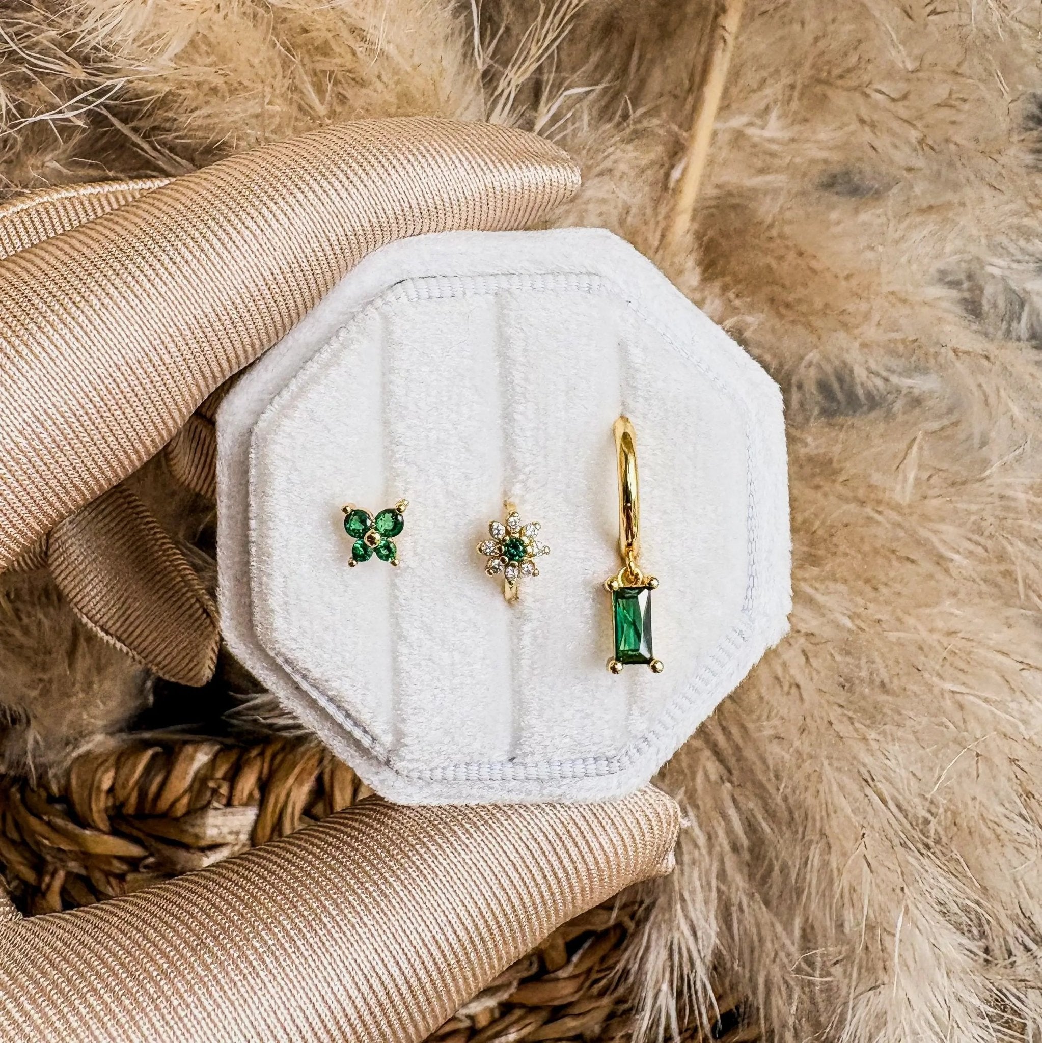 14K Gold Plated Flower Huggie Earrings Set of 3, Green Pink Blue CZ Crystal Stud, Dainty Stacking Earrings, Minimalist Birthday Gift - House of Hats
