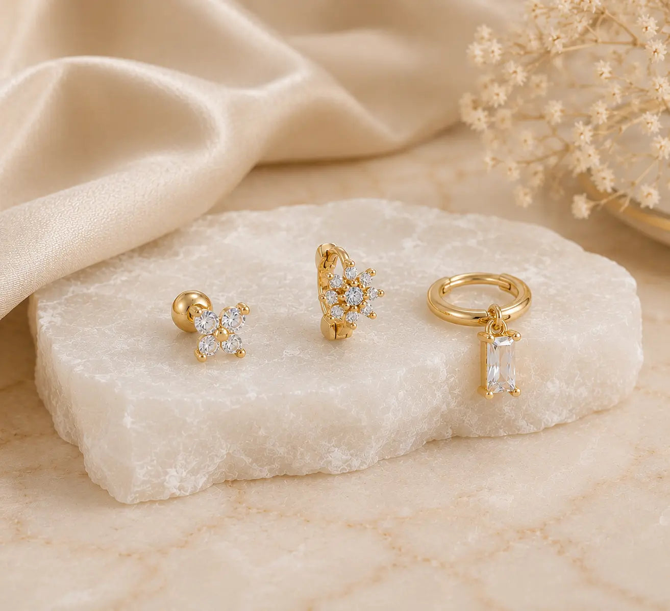 14K Gold Plated Flower Huggie Earrings Set of 3, Green Pink Blue CZ Crystal Stud, Dainty Stacking Earrings, Minimalist Birthday Gift - House of Hats
