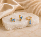 14K Gold Plated Flower Huggie Earrings Set of 3, Green Pink Blue CZ Crystal Stud, Dainty Stacking Earrings, Minimalist Birthday Gift - House of Hats