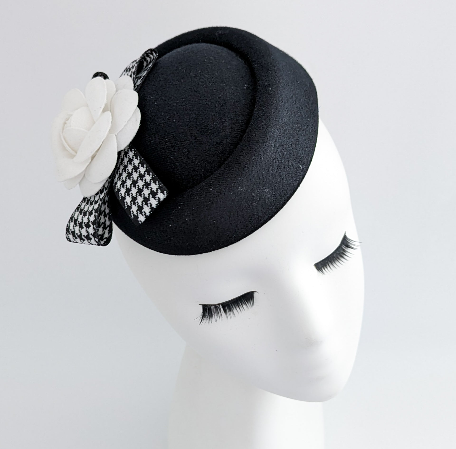 Black and white camellia flower small pillbox fascinator hat