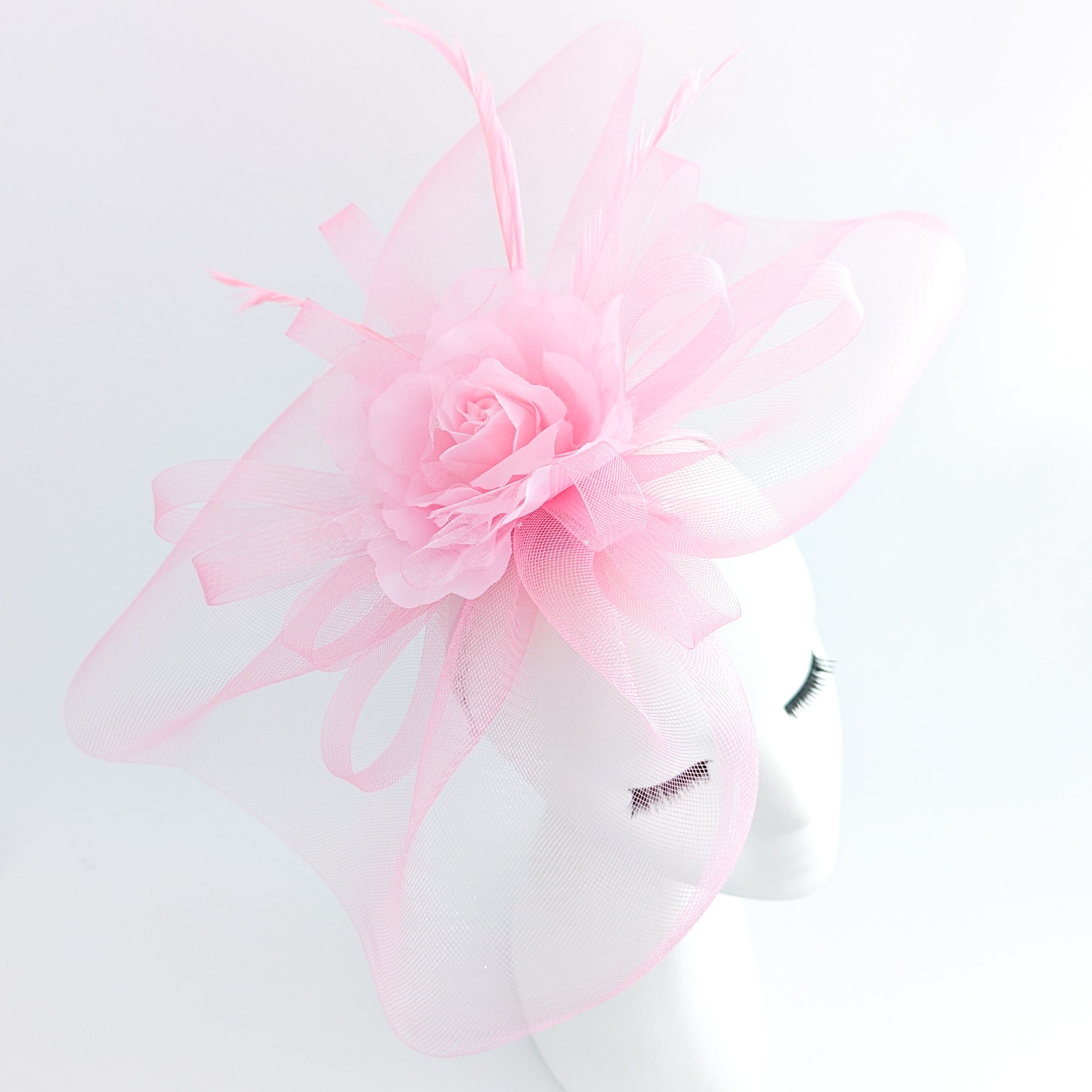 Candy pink large flower feather crin fascinator hat