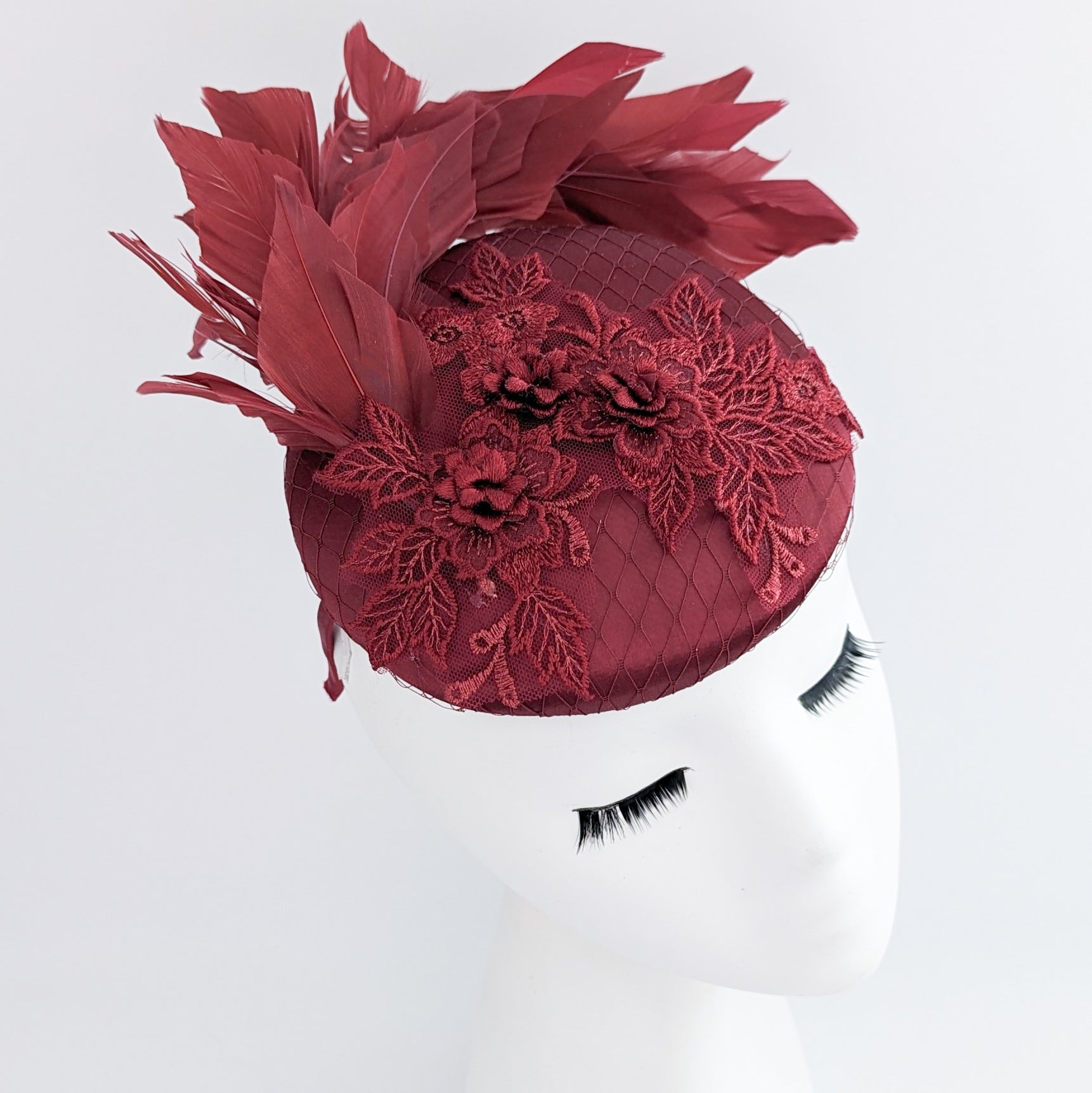 Burgundy feather lace satin fascinator hat