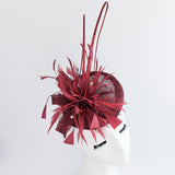 Burgundy crystal feather fascinator hat