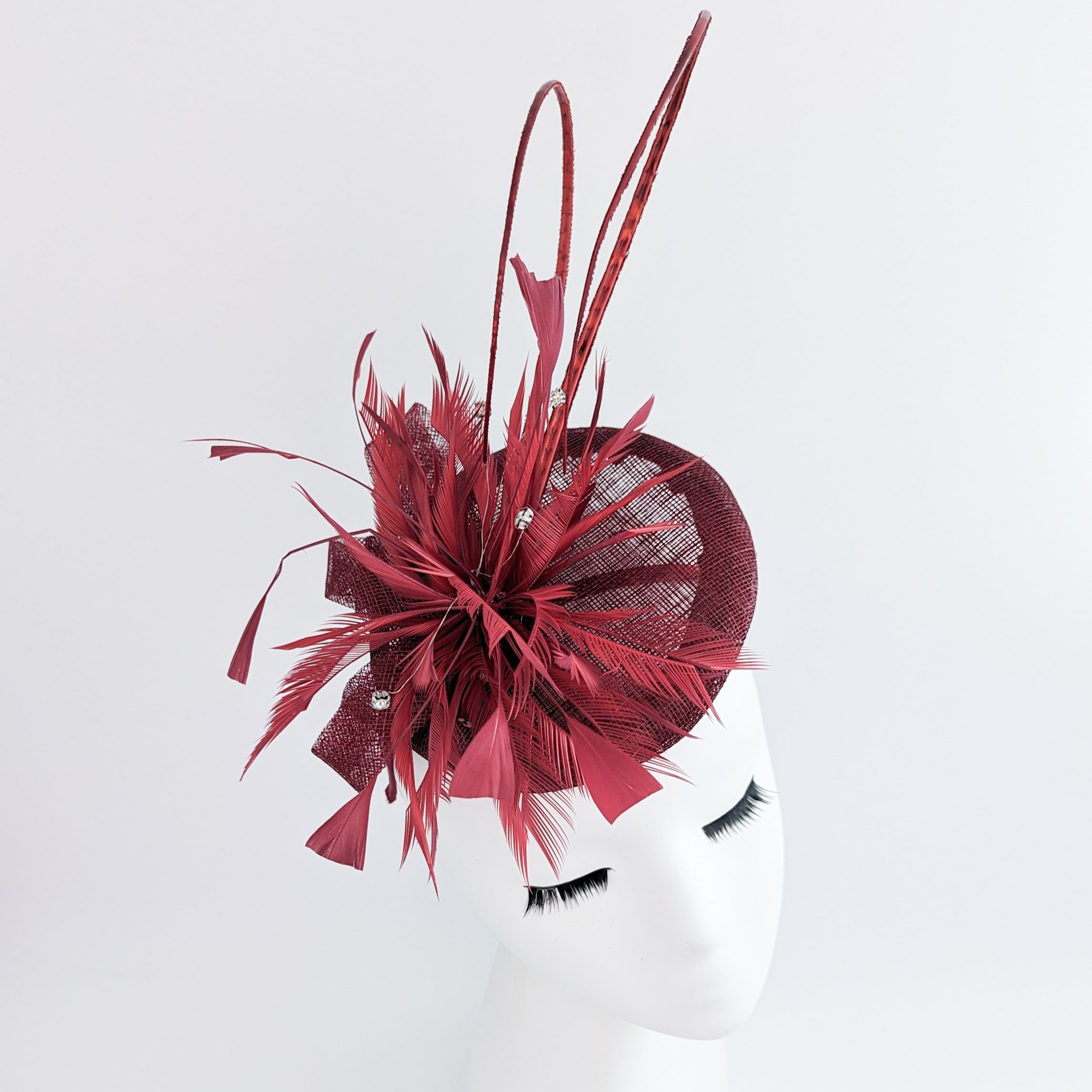 Burgundy crystal feather fascinator hat