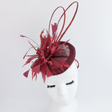 Burgundy crystal feather fascinator hat