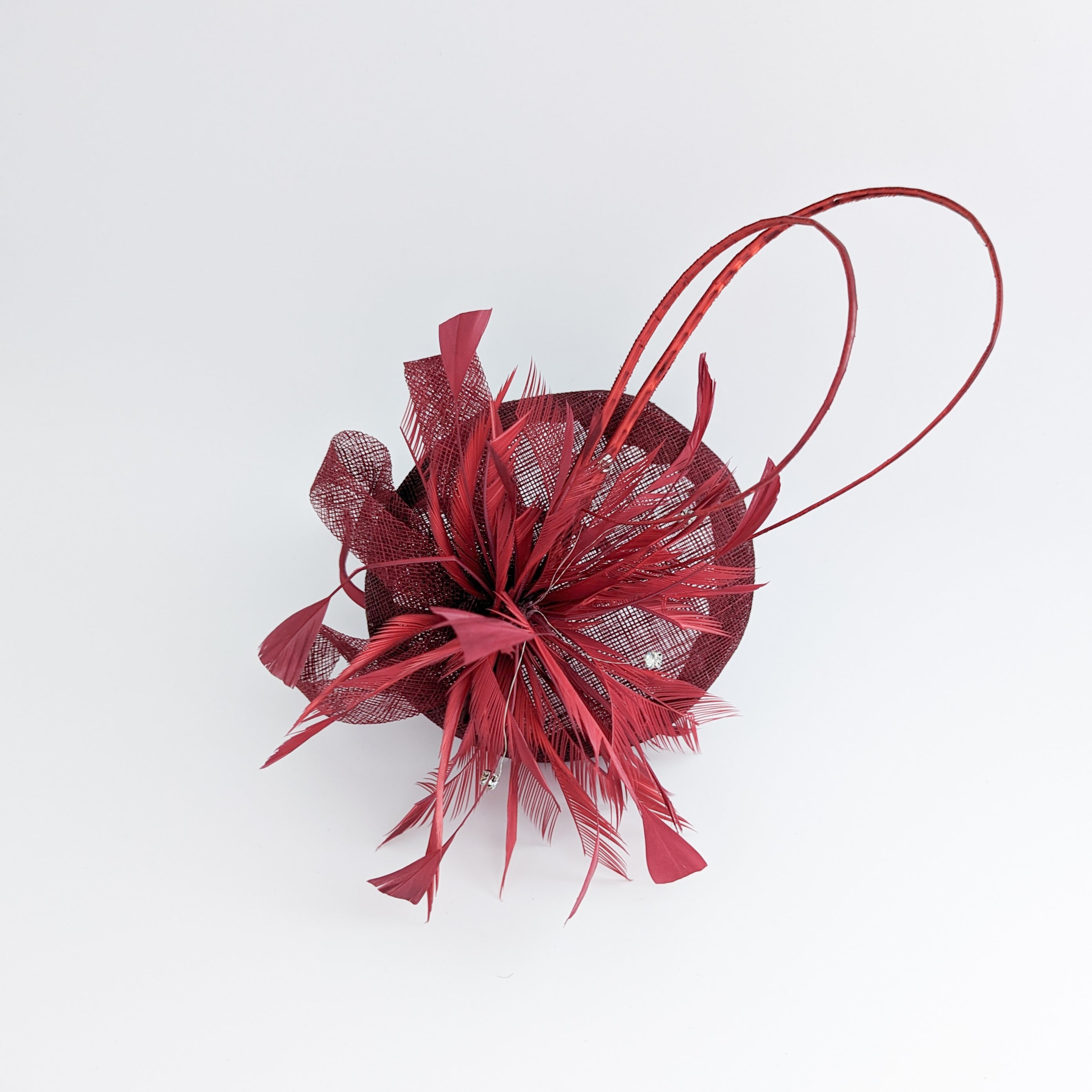 Burgundy crystal feather fascinator hat