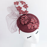 Burgundy flower fascinator hat