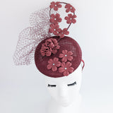 Burgundy flower fascinator hat