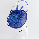 Cappello fascinator disco piattino piuma fiore blu reale