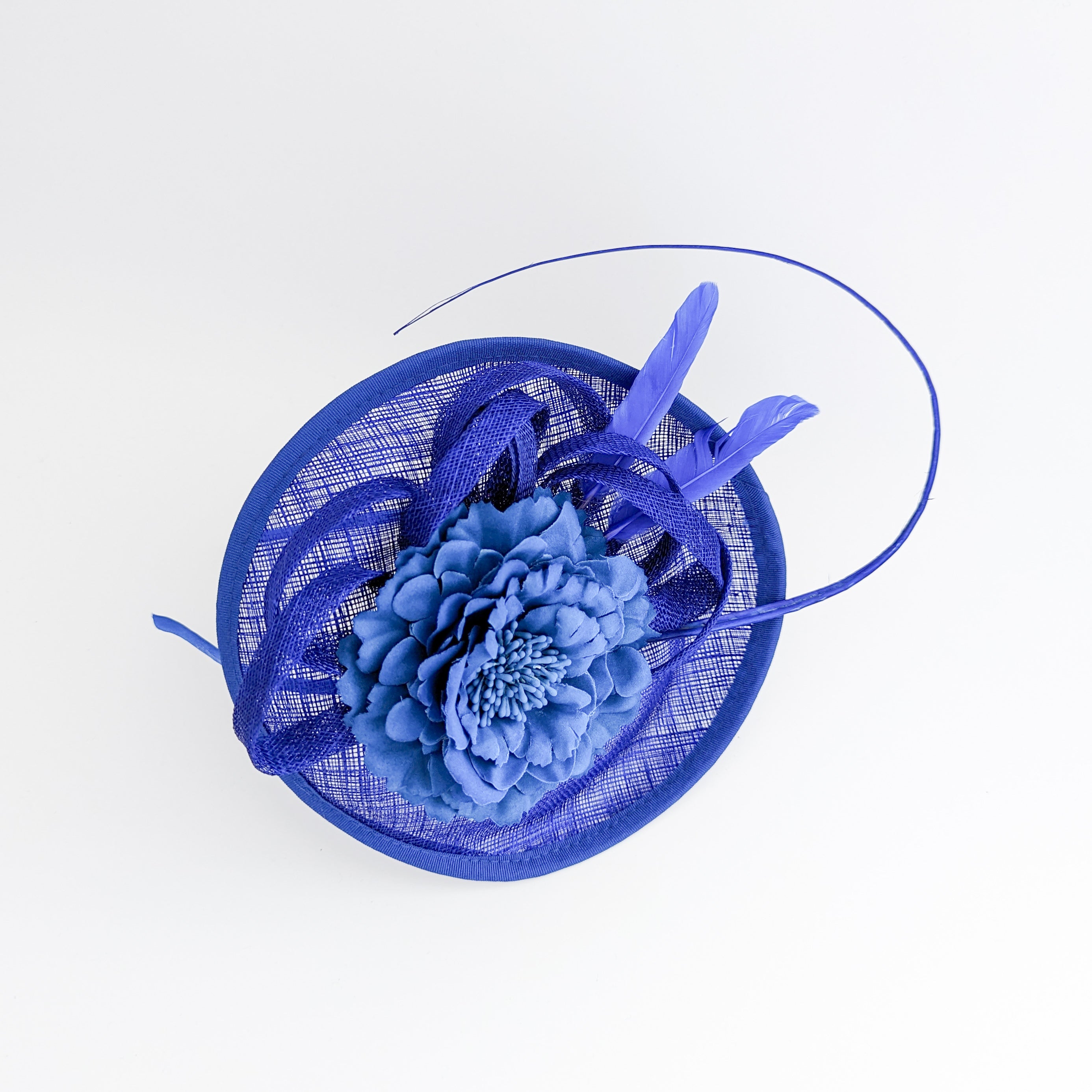 Cappello fascinator disco piattino piuma fiore blu reale