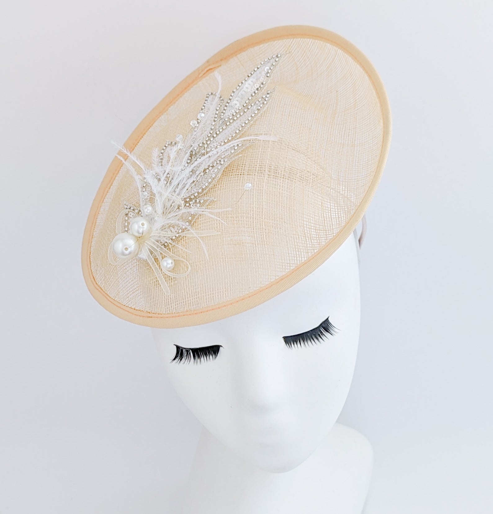 Peach crystal feather disc saucer fascinator hat