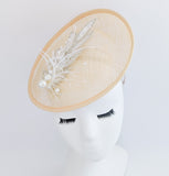 Peach crystal feather disc saucer fascinator hat