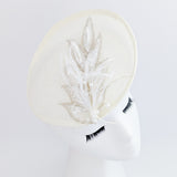 Cream crystal feather disc saucer fascinator hat