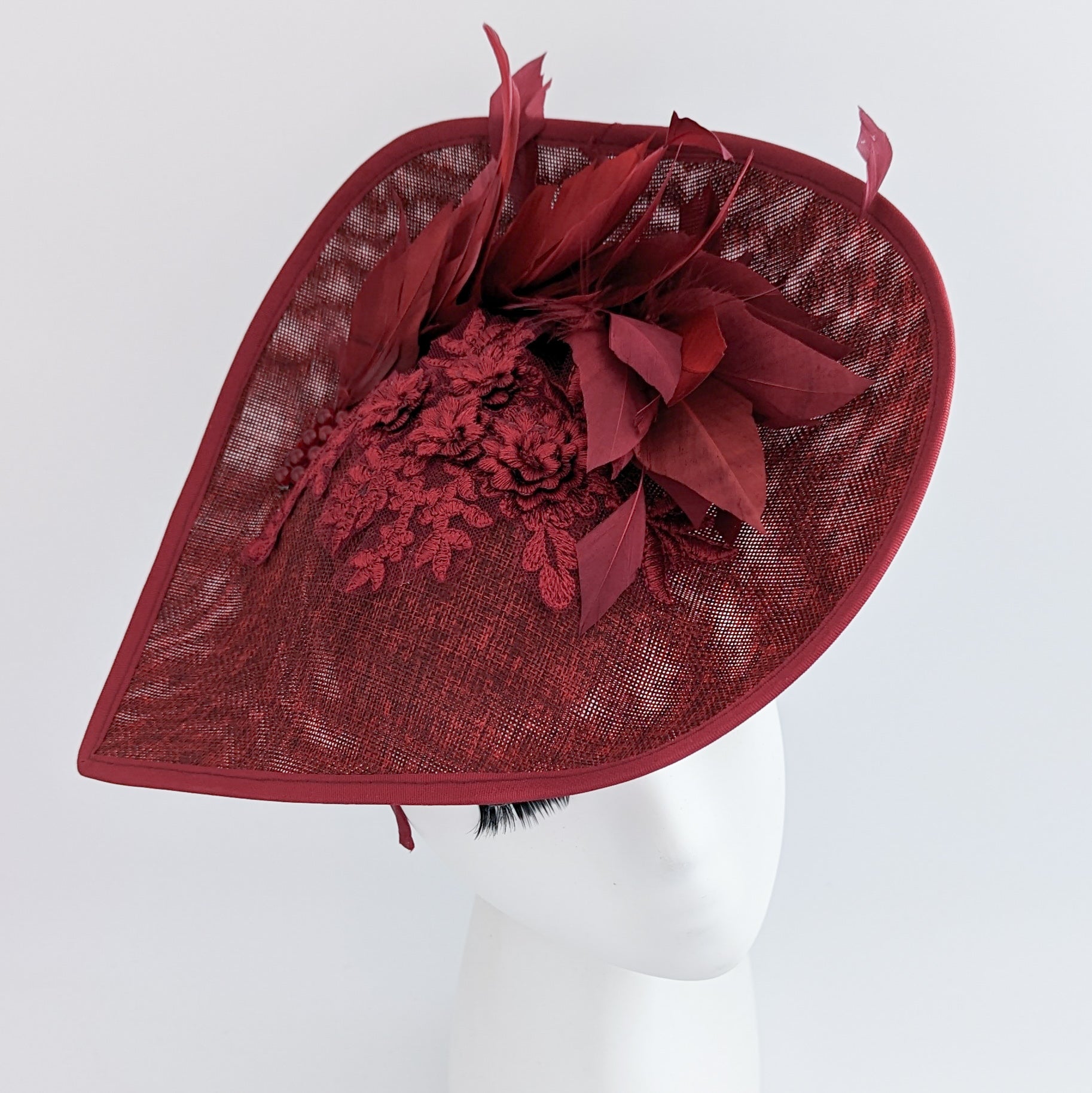 Burgundy large teardrop feather fascinator hat