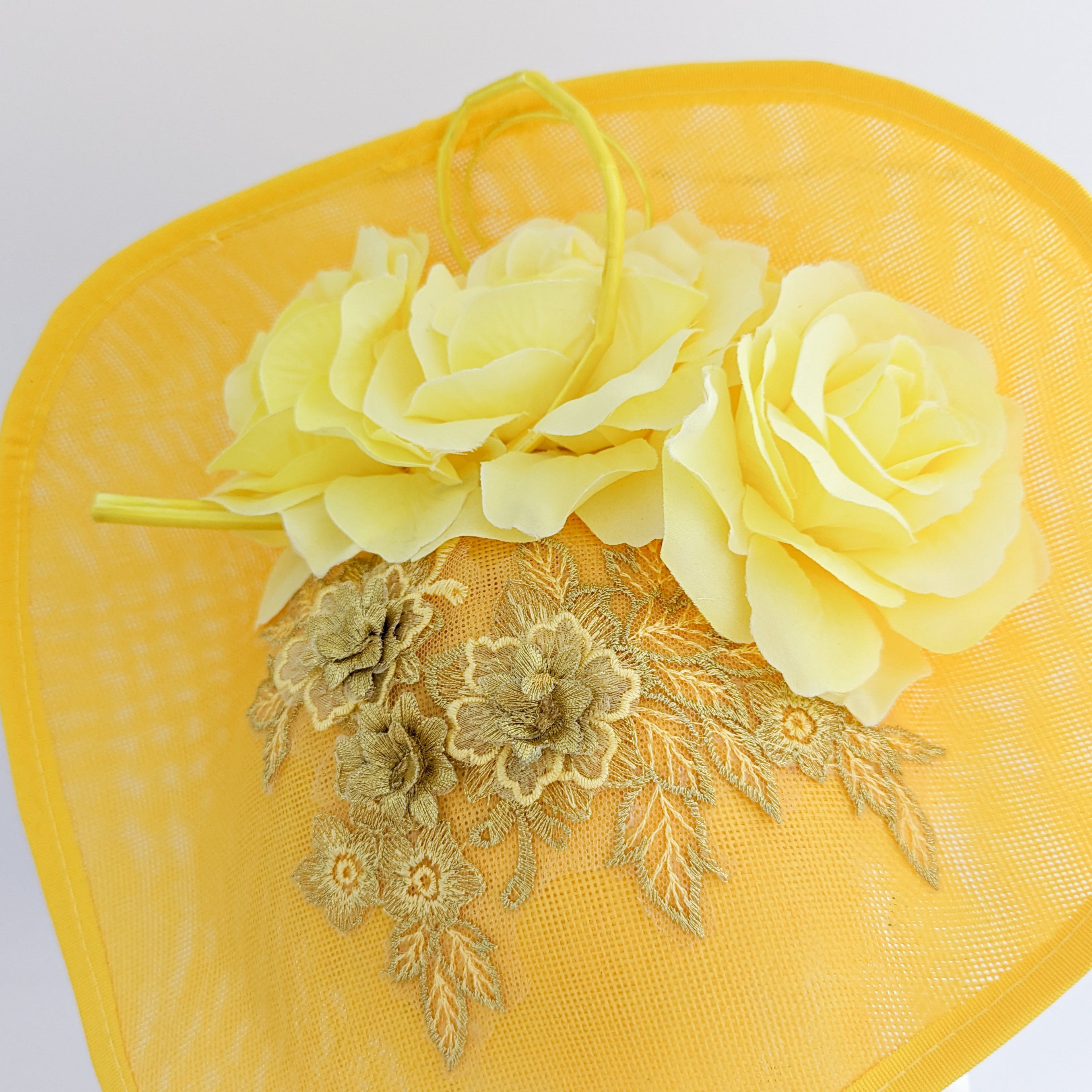 Yellow large teardrop rose flower fascinator hat