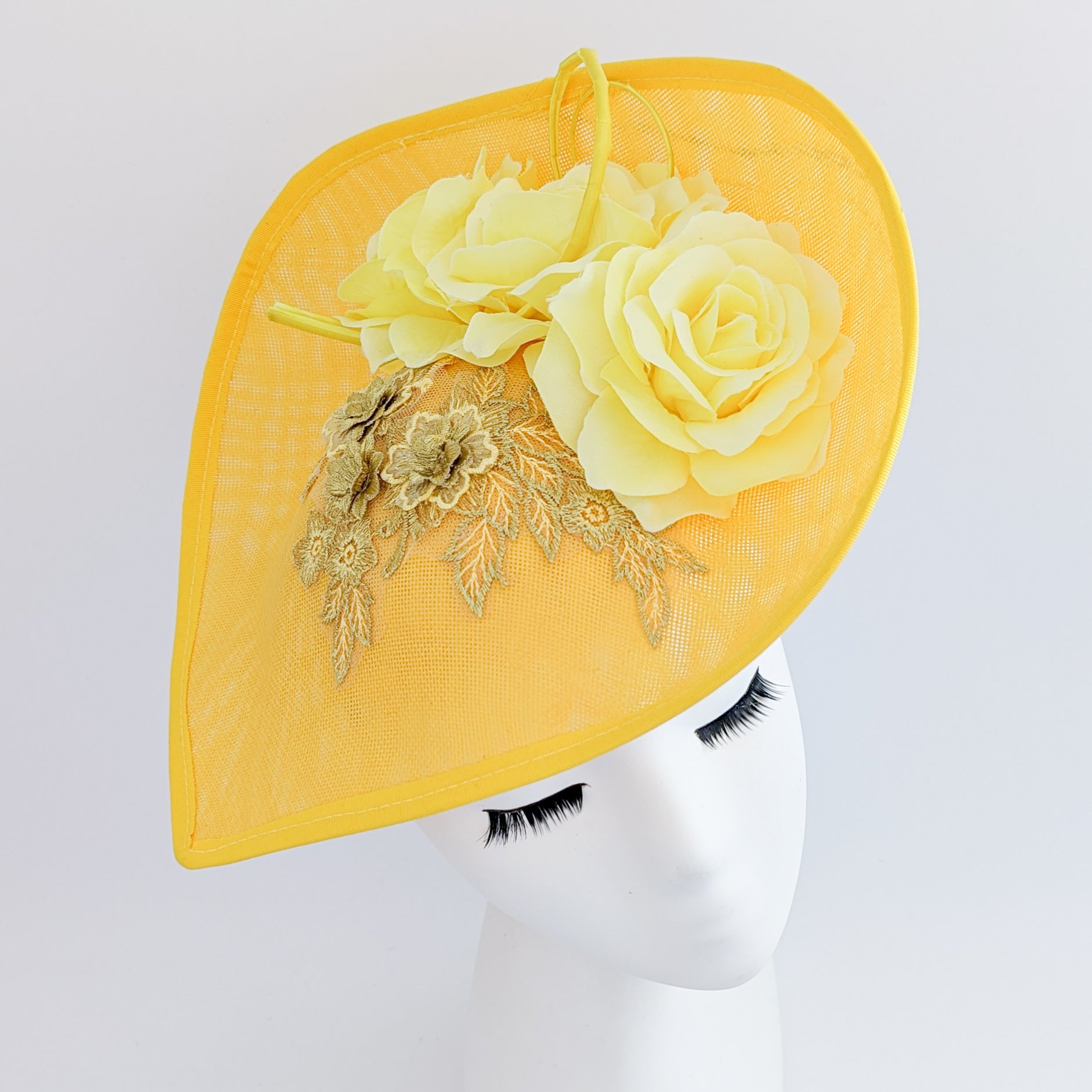 Yellow large teardrop rose flower fascinator hat