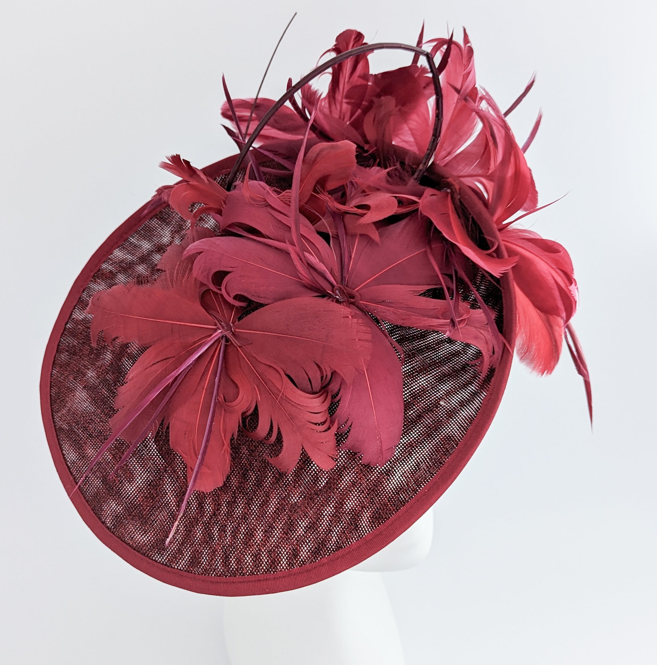 Burgundy feather large saucer disc fascinator hat