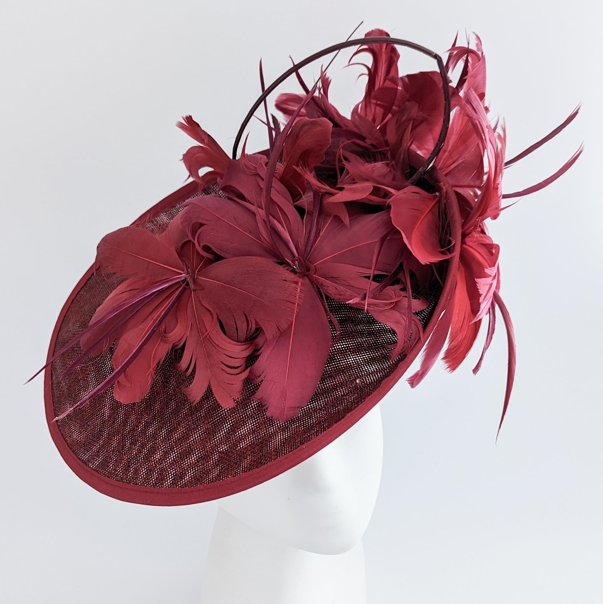 Burgundy feather large saucer disc fascinator hat