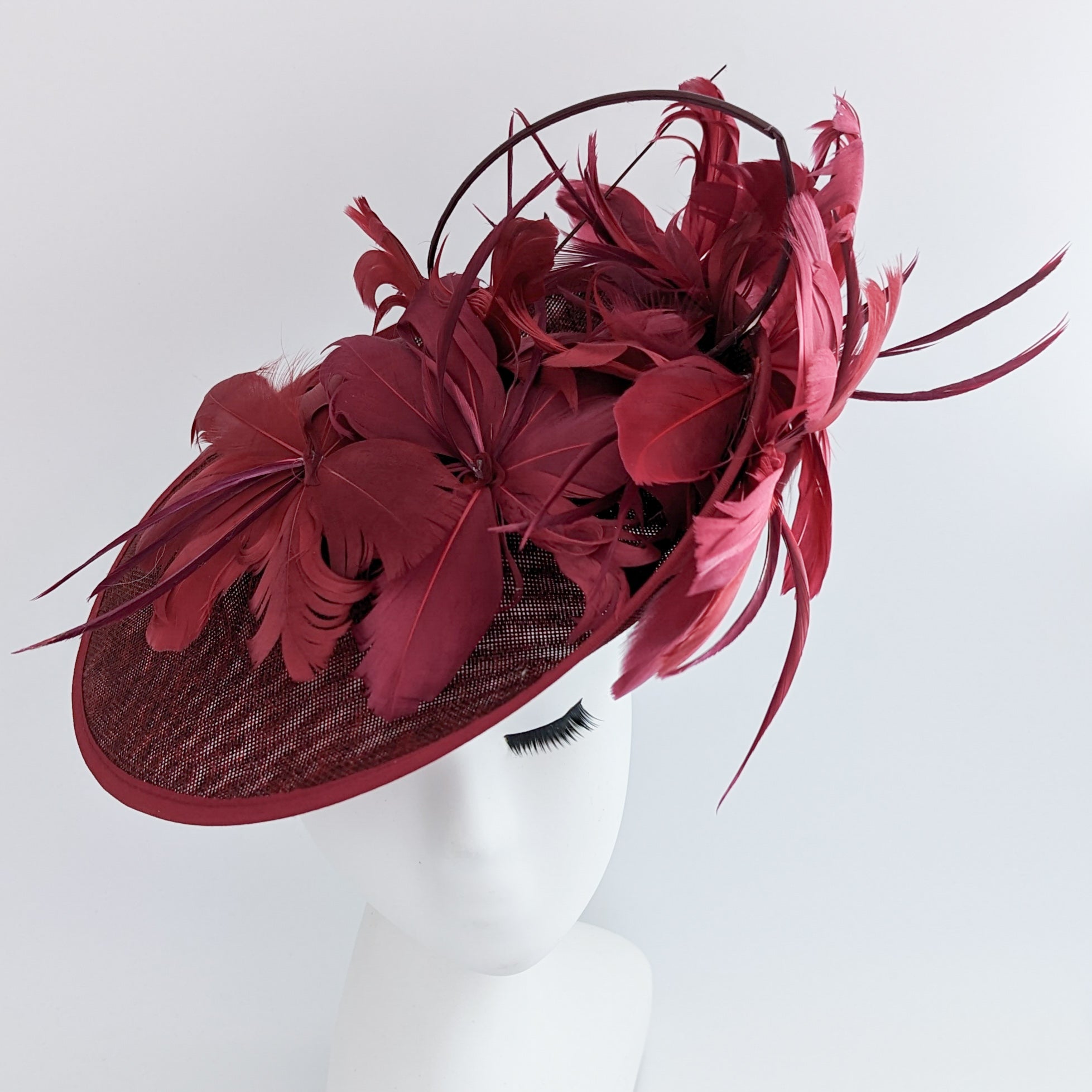 Burgundy feather large saucer disc fascinator hat