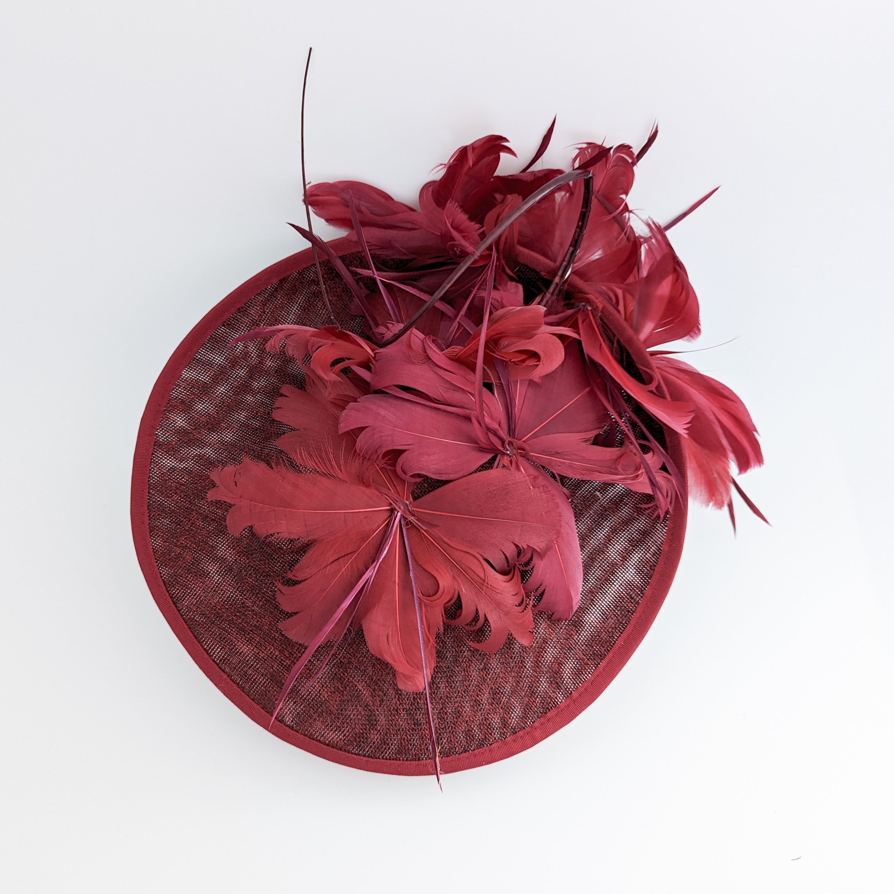 Burgundy feather large saucer disc fascinator hat