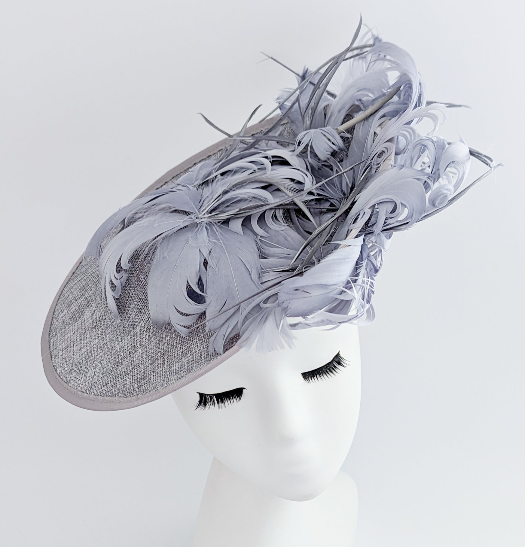 Grey feather large saucer disc fascinator hat