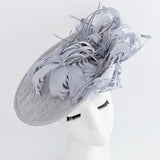 Grey feather large saucer disc fascinator hat