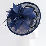 Navy blue feather disc saucer fascinator hat