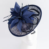 Navy blue feather disc saucer fascinator hat