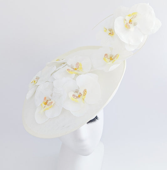 Cappello fascinator disco con piattino di fiori di orchidea grande bianco
