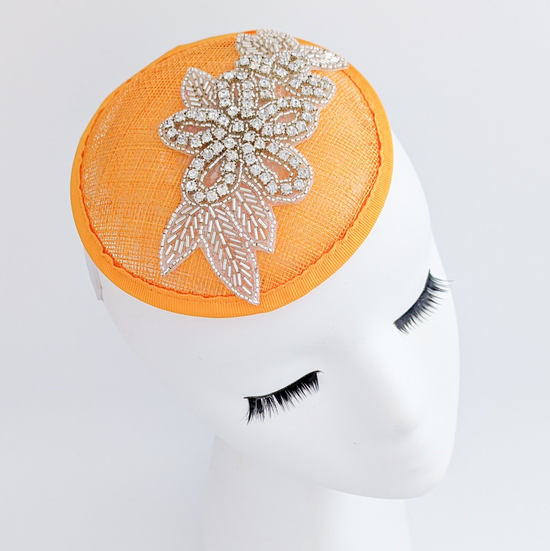 Cappelli da sposa con fascinator piccoli in cristallo arancione uk