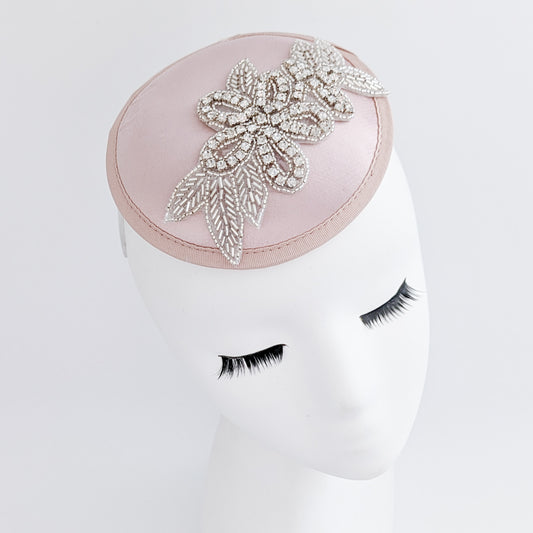 Blush pink crystal satin small fascinator  wedding hats uk
