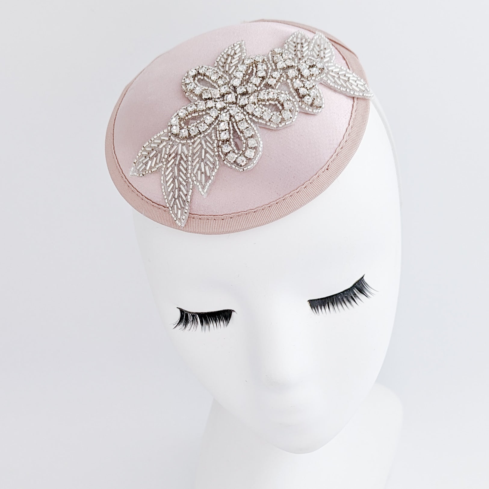 Blush pink crystal satin small fascinator  wedding hats uk