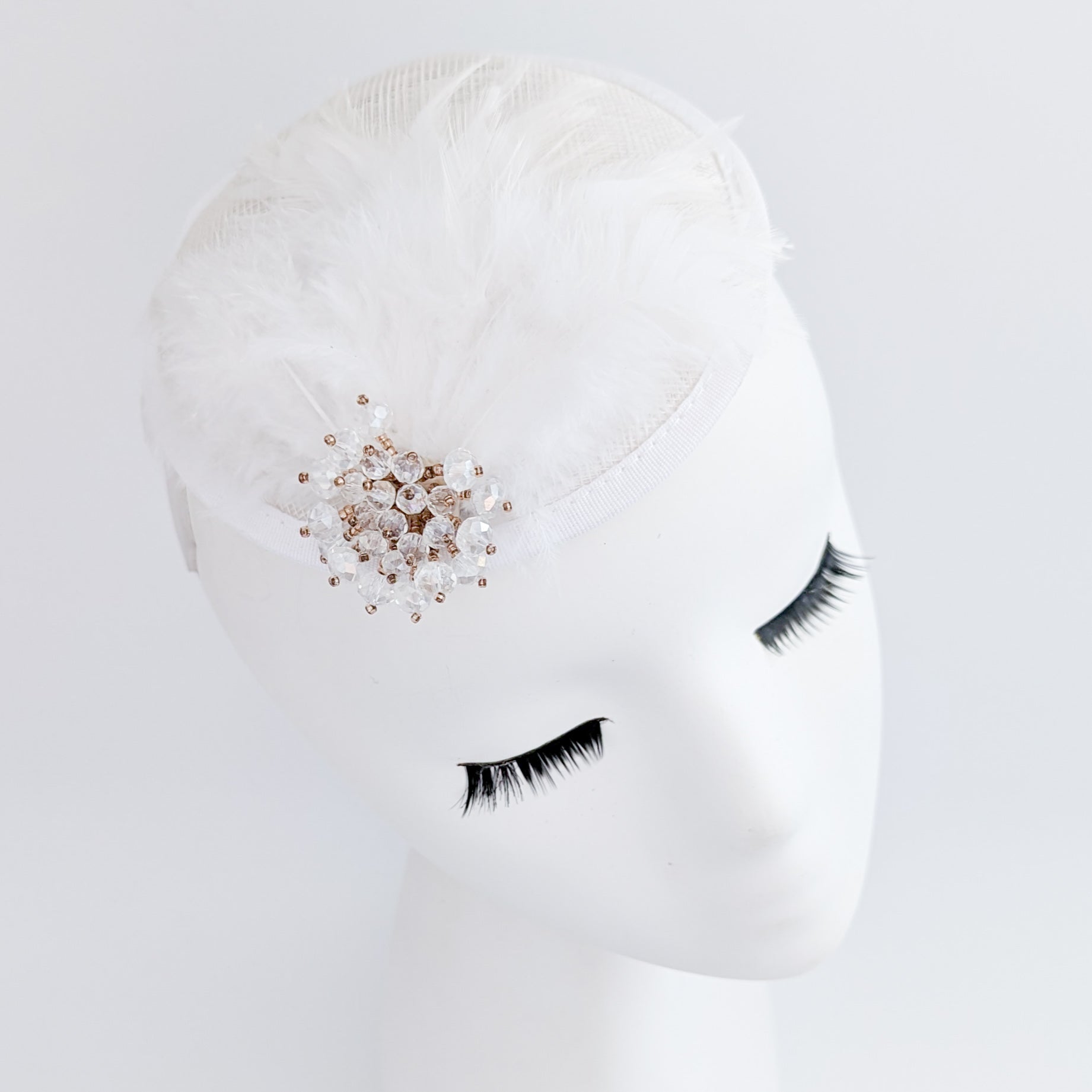 White crystal feather small fascinator wedding hat