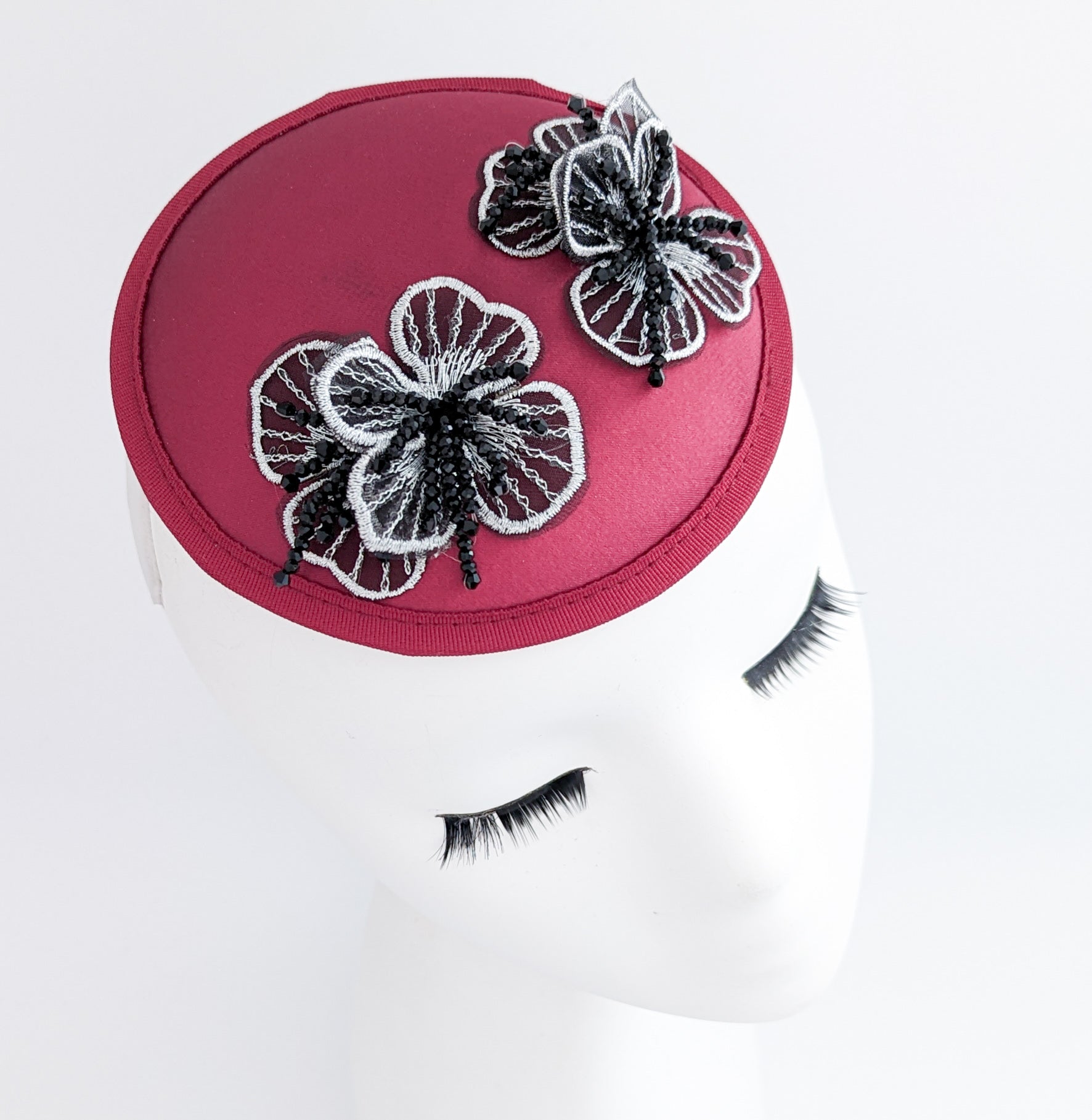 Burgundy red black crystal satin small fascinator  wedding hats uk