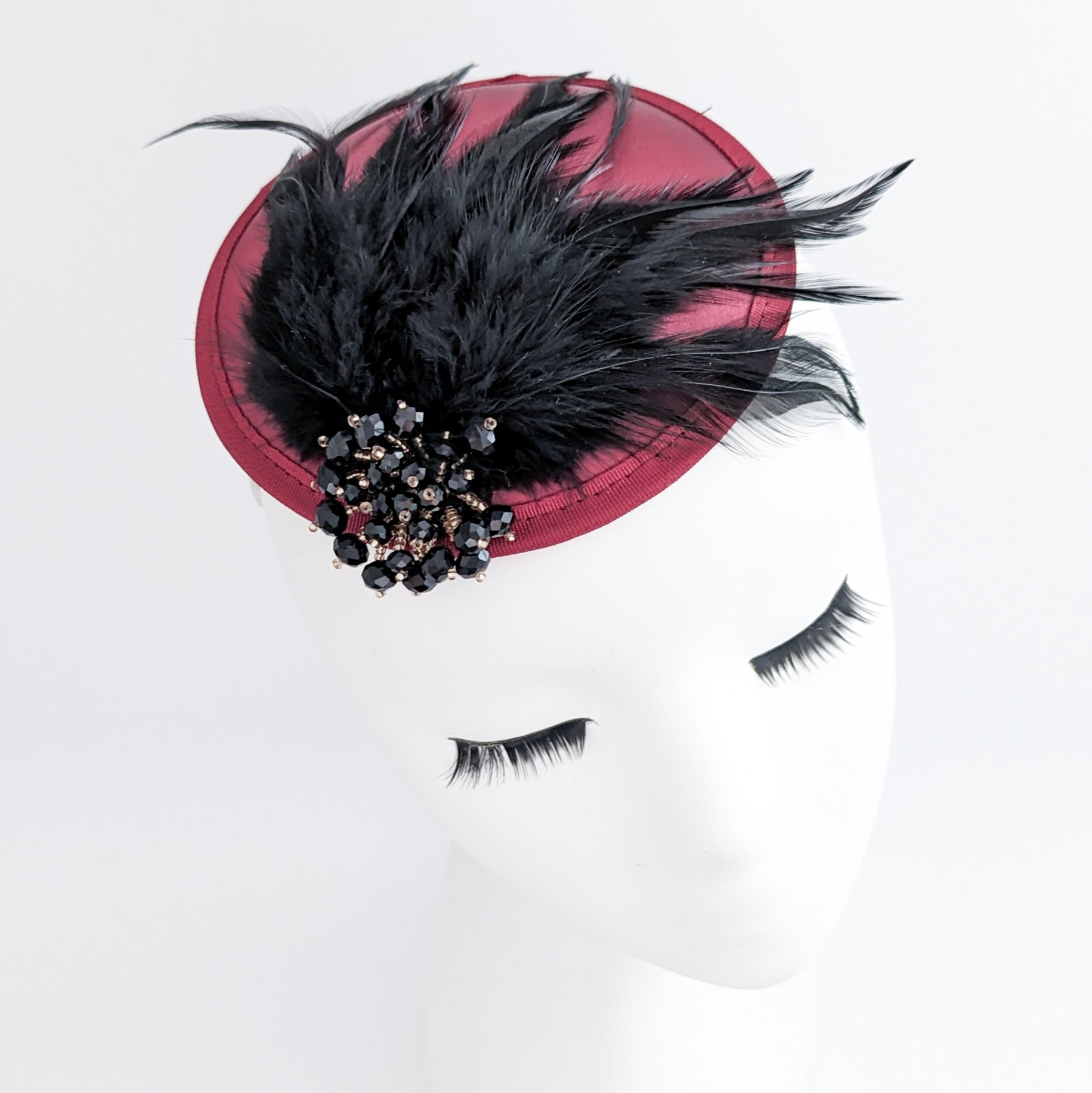 Burgundy red black crystal feather small satin fascinator hat