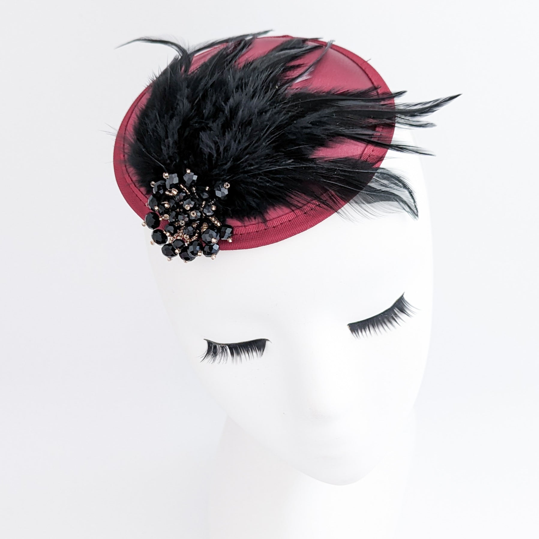 Burgundy red black crystal feather small satin fascinator hat