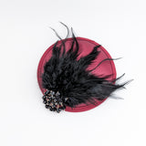 Burgundy red black crystal feather small satin fascinator hat